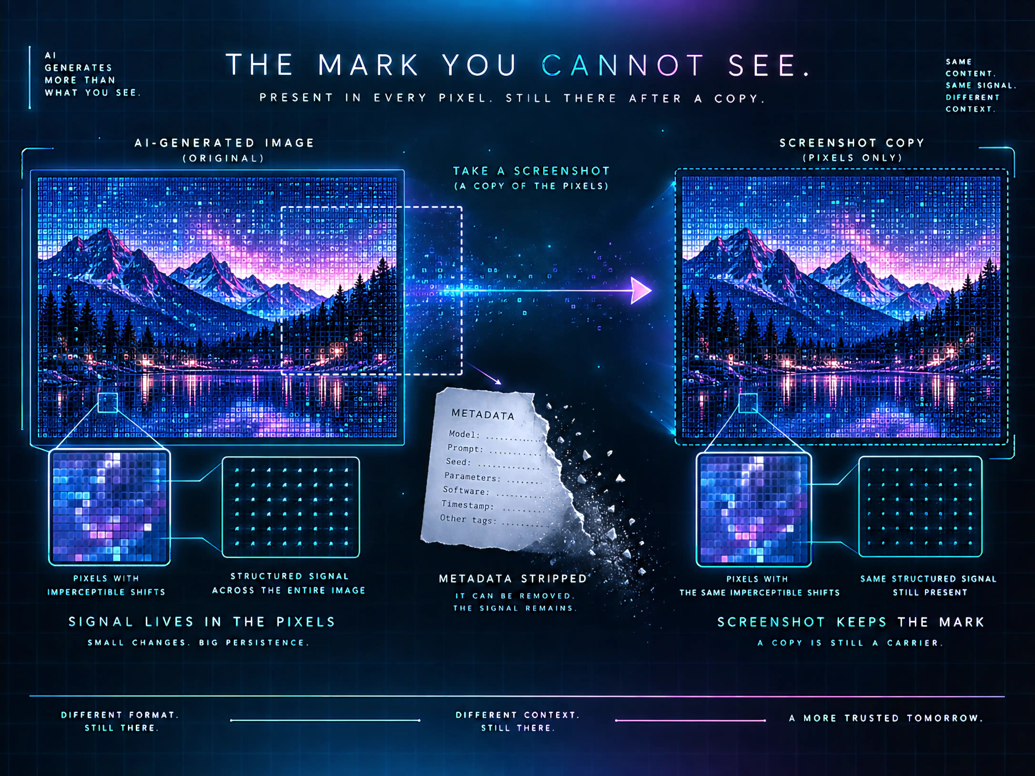 How SynthID marks an image: a structured, imperceptible signal is spread across every pixel of an AI-generated picture. Taking a screenshot copies the pixels — and the signal — while the file's metadata tag is torn away and lost. The watermark survives because it lives in the pixels, not the metadata.