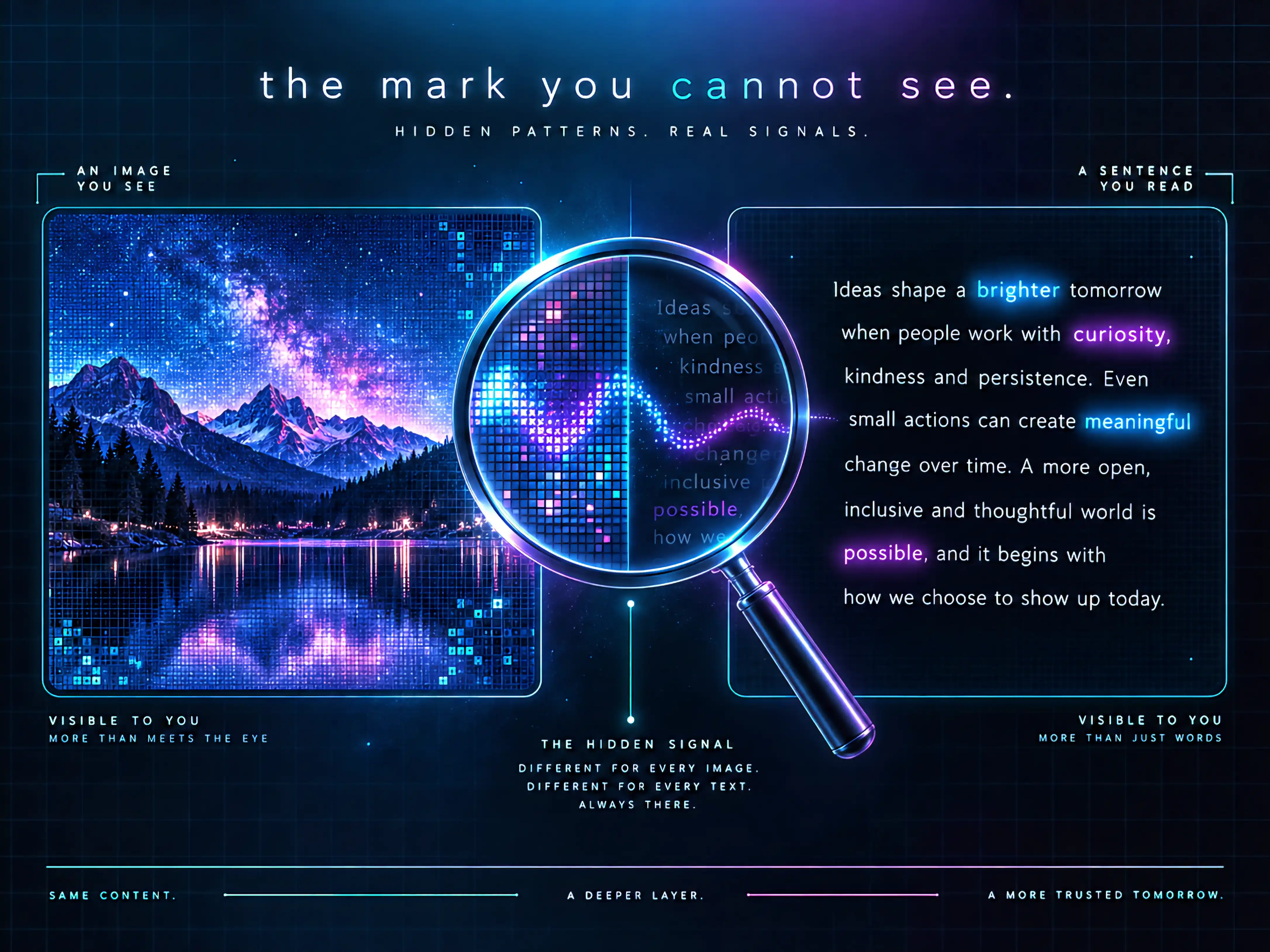 The mark you cannot see: a magnifying lens reads an invisible hidden signal out of both an AI-generated image and a block of AI-written text — the same watermarking idea, hidden in the pixels on one side and in the word choices on the other.