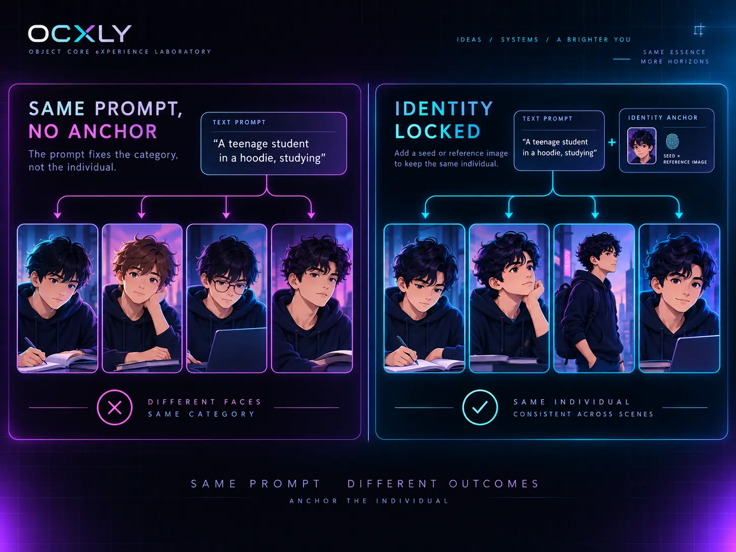 The consistency problem: on the left, one text prompt with no identity anchor produces four different faces — the same category, different individuals; on the right, the same prompt plus a seed and a reference image produces four images of the same individual, consistent across scenes.
