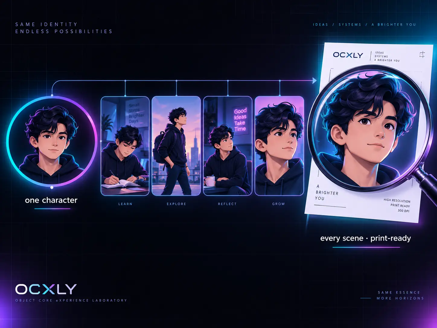Character consistency in a nutshell: one 'identity anchor' portrait on the left, the same stylised character rendered across many different scenes in the middle, and the final image enlarged by a magnifier into a crisp, print-ready page — one character, every scene, sharpened for print.