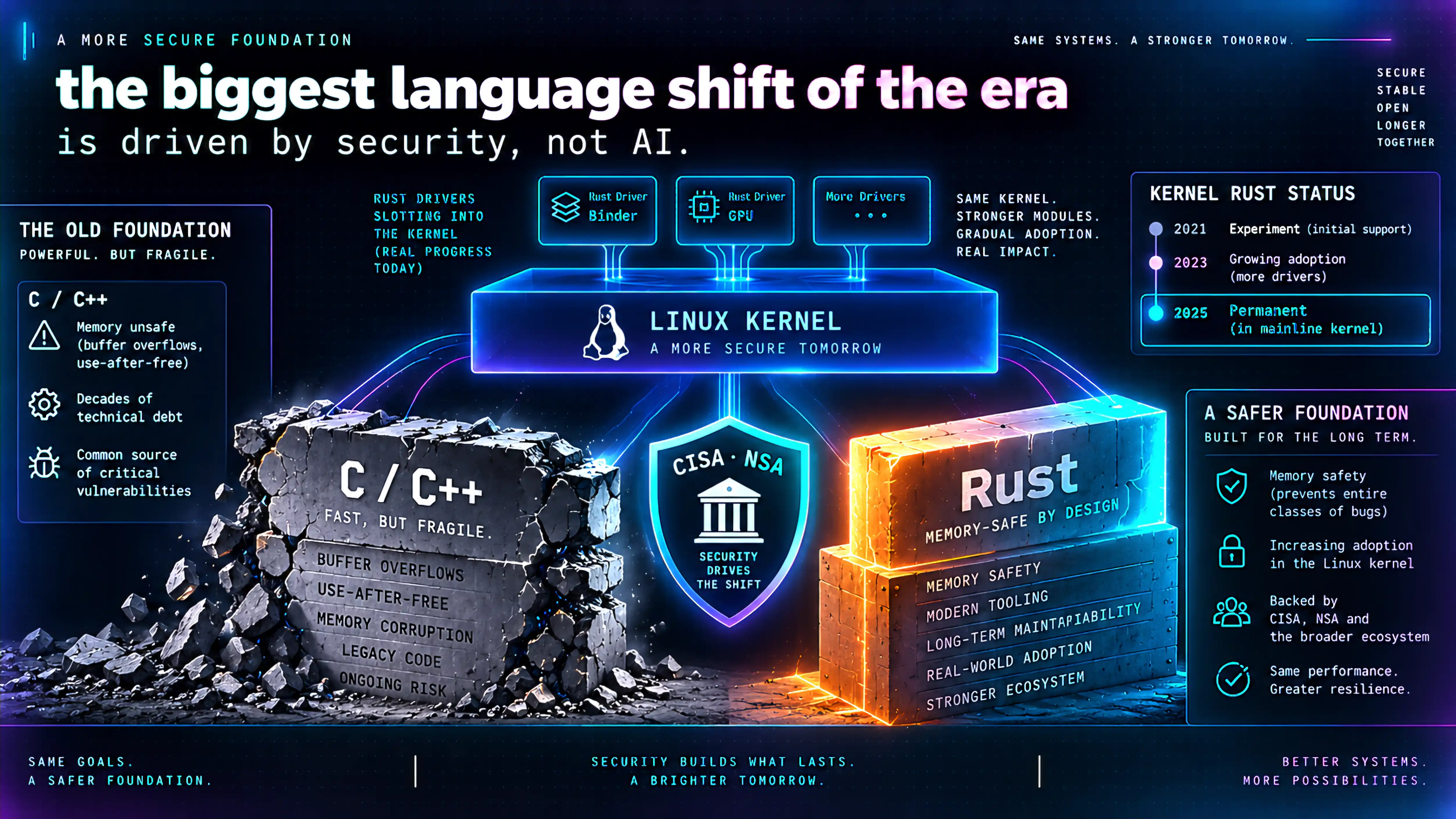 The biggest language shift of the era is driven by security, not AI. A crumbling C/C++ block (memory-unsafe: buffer overflows, use-after-free, decades of technical debt) sits opposite a solid, glowing Rust block (memory-safe by design), with a CISA·NSA shield between them. Above, the Linux kernel is shown gaining Rust drivers (Binder, GPU), with a status timeline moving from experiment to growing adoption to permanent in the mainline kernel.