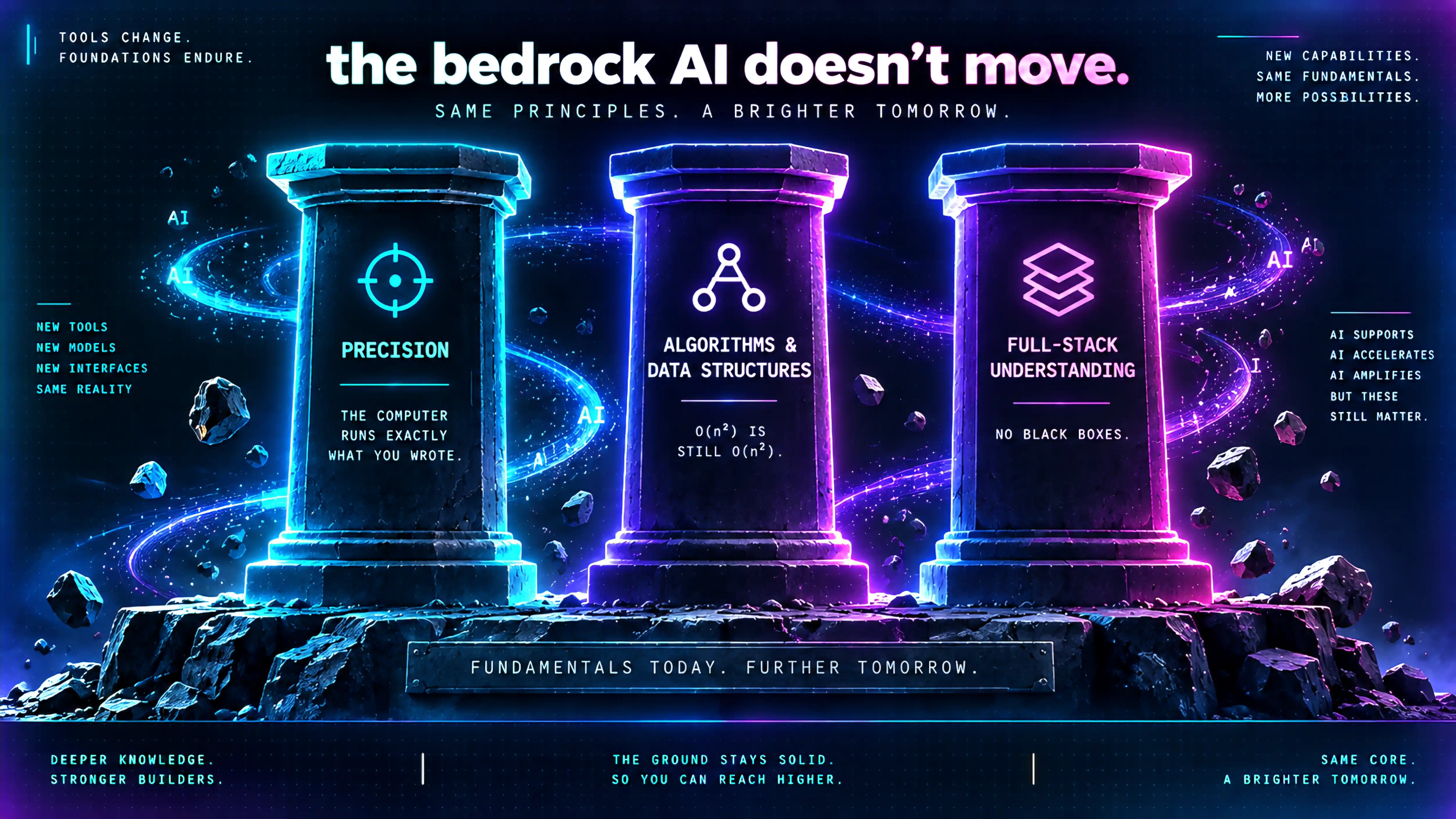 The bedrock AI doesn't move: three solid stone pillars standing firm while faint 'AI' particles swirl around them. The pillars are labelled Precision (the computer runs exactly what you wrote), Algorithms & Data Structures (an O(n²) algorithm is still O(n²)), and Full-stack Understanding (no black boxes) — the fundamentals that AI tools do not automate away.