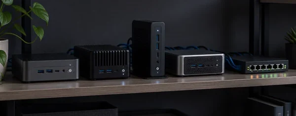 Several compact small-form-factor computers arranged as a quiet home-lab cluster.