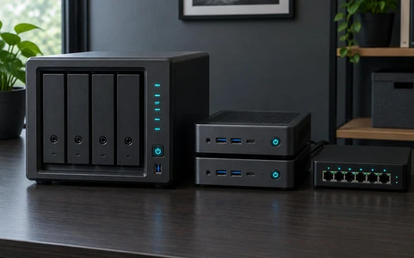 A compact multi-drive storage server beside small home-lab hardware.