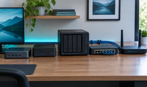 A quiet desk-based home lab with compact computers, storage hardware and networking equipment.