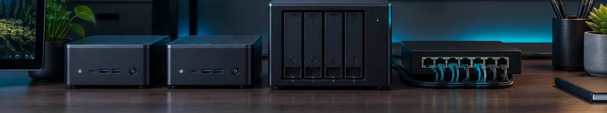 A cinematic overview of compact home-lab hardware: small PCs, compact storage servers, networking gear and a quiet desk-based lab setup.