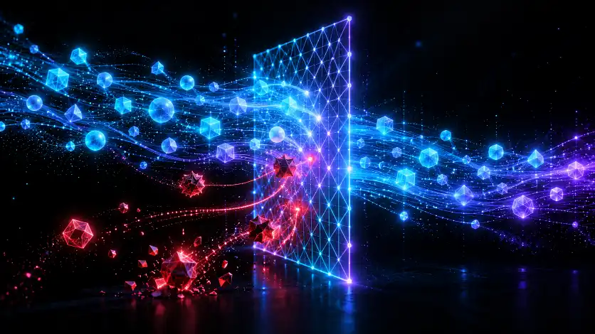 A stream of luminous shapes passing through a fine geometric mesh gate: most flow through cleanly in cyan while a few malformed shapes are caught and glow red — a type system filtering errors before they pass.