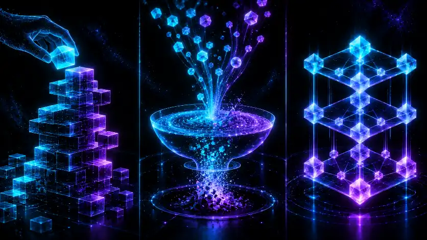 Three luminous structures side by side: a hand stacking blocks by hand (manual), a fountain of particles clearing itself (garbage collection), and a crystalline lattice with clean ownership lines (ownership) — the same material, three disciplines.