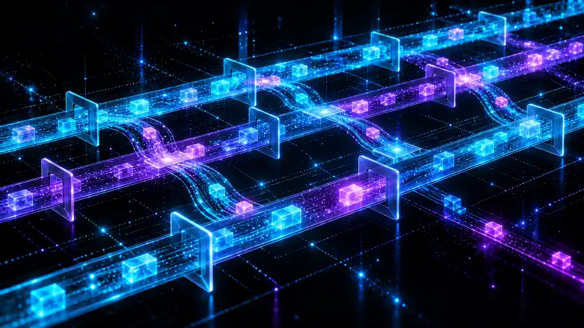 Multiple parallel light-channels running side by side with glowing packets passing between them along cross-links — independent lanes communicating by message and resolving into a coordinated pipeline.