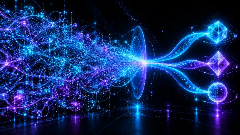 A dense tangle of low-level threads on the left converging through a lens and compressing into a few clean, elegant high-level glyphs of light on the right — the same logic expressed in far less code.