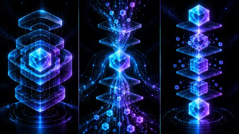 One identical glowing form shown three ways side by side: carved into nested objects, into a flowing pipeline of pure transforms, and into stacked procedural layers — three decompositions of the same whole.