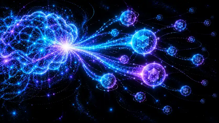 A luminous neural-network cloud on one side beaming assistance-light toward a cluster of language-nodes; the brightest, closest nodes glow strongest while distant faint ones receive only a thin thread — AI amplifying the languages it has seen most.