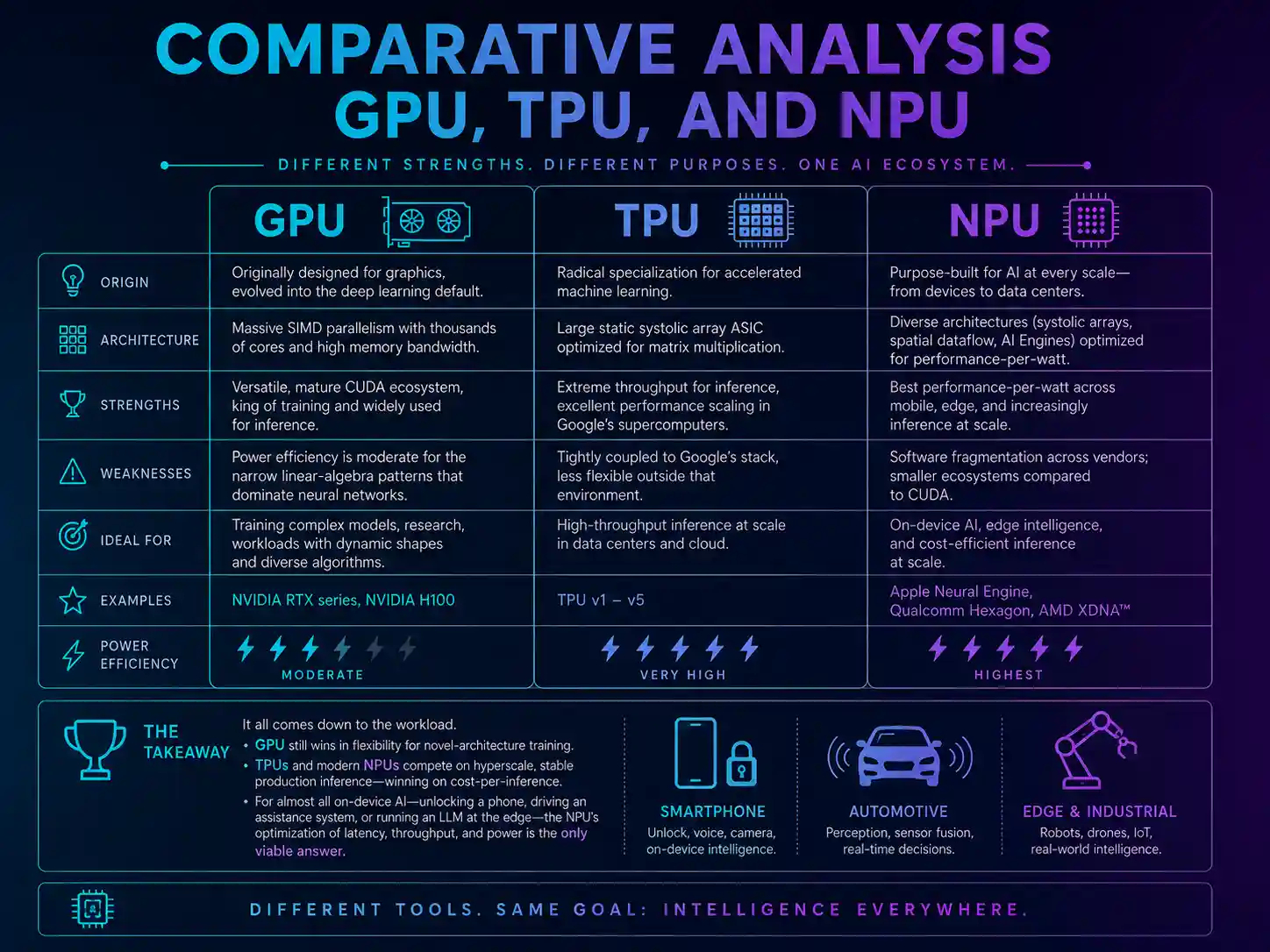 Comparative analysis of GPU, TPU, and NPU across origin, architecture, strengths, weaknesses, ideal workloads, examples, and power efficiency.