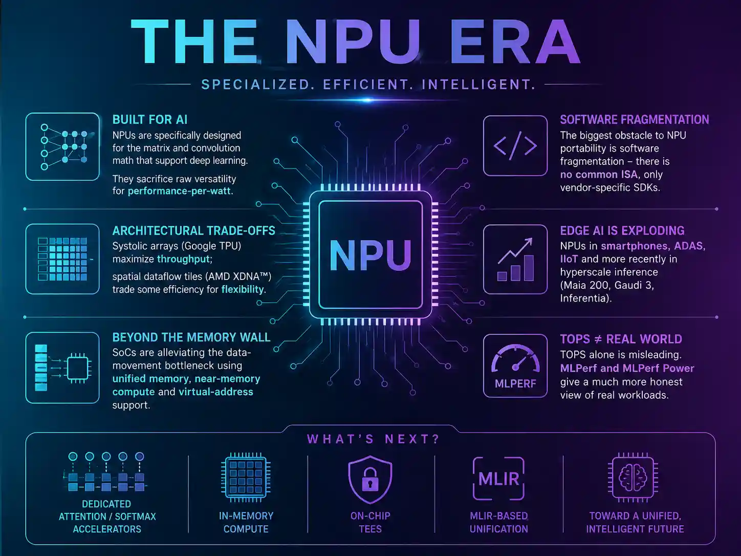 The NPU era: purpose-built, efficient, and intelligent hardware spanning architecture trade-offs, the memory wall, software fragmentation, edge and hyperscale inference, and honest benchmarking.