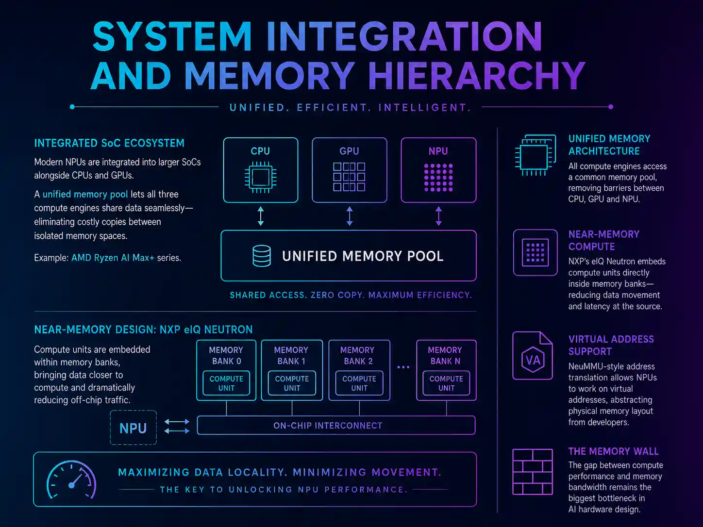 System integration and memory hierarchy: a unified memory pool shared by CPU, GPU, and NPU; near-memory compute embedded in memory banks; virtual-address support; and the memory wall.