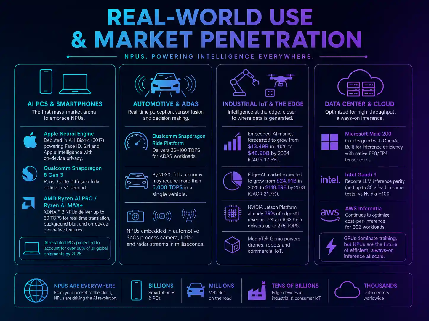 Real-world use and market penetration of NPUs across AI PCs and smartphones, automotive and ADAS, industrial IoT and the edge, and the data center and cloud.
