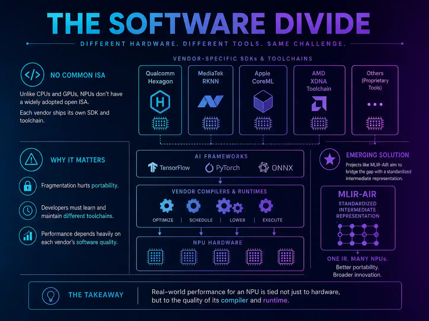 The software divide: no common ISA, vendor-specific SDKs and toolchains (Qualcomm Hexagon, MediaTek RKNN, Apple CoreML, AMD XDNA), the framework-to-compiler-to-runtime pipeline, and MLIR-AIR as an emerging standardized intermediate representation.