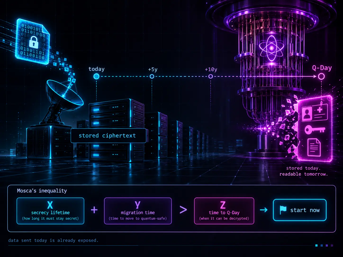 A timeline of harvest-now-decrypt-later: an encrypted data packet is captured today by an antenna and dropped onto a stack of glowing archive drives labelled 'stored ciphertext', while a dotted line runs across the years — today, +5y, +10y, Q-Day — to a quantum computer that pops the same archived packet open, its health record, key and document now readable. Below, Mosca's inequality: X (secrecy lifetime) plus Y (migration time) is greater than Z (time to Q-Day), so start now.