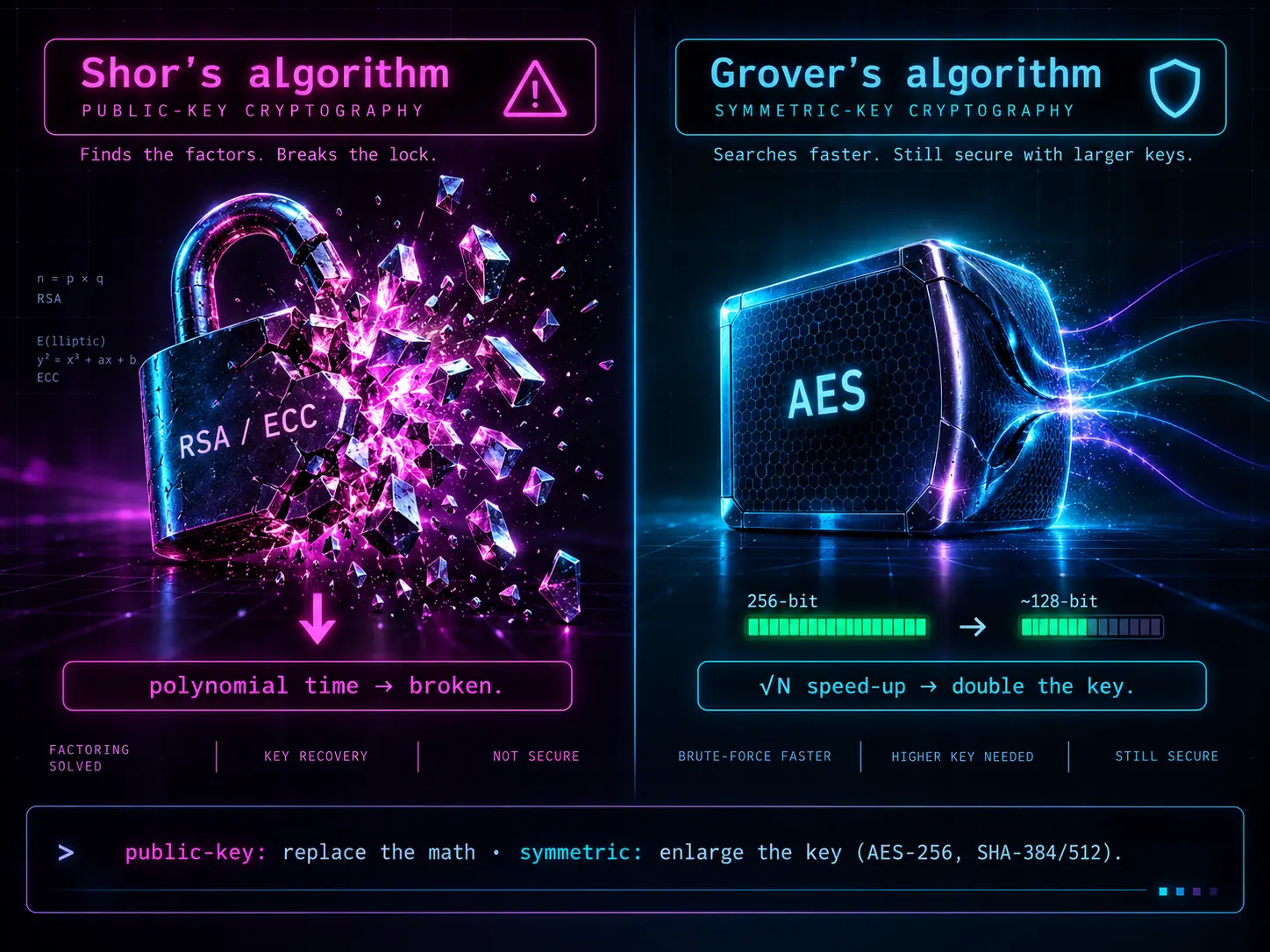 A two-panel contrast. Left, in magenta: Shor's algorithm against public-key cryptography — an RSA/ECC padlock shattering completely, captioned 'polynomial time, broken', tagged factoring solved, key recovery, not secure. Right, in cyan: Grover's algorithm against symmetric cryptography — an AES block that only bends, its security meter dropping from 256-bit to about 128-bit but staying green, captioned 'root-N speed-up, double the key', tagged still secure. Footer: public-key means replace the math; symmetric means enlarge the key to AES-256 and SHA-384/512.