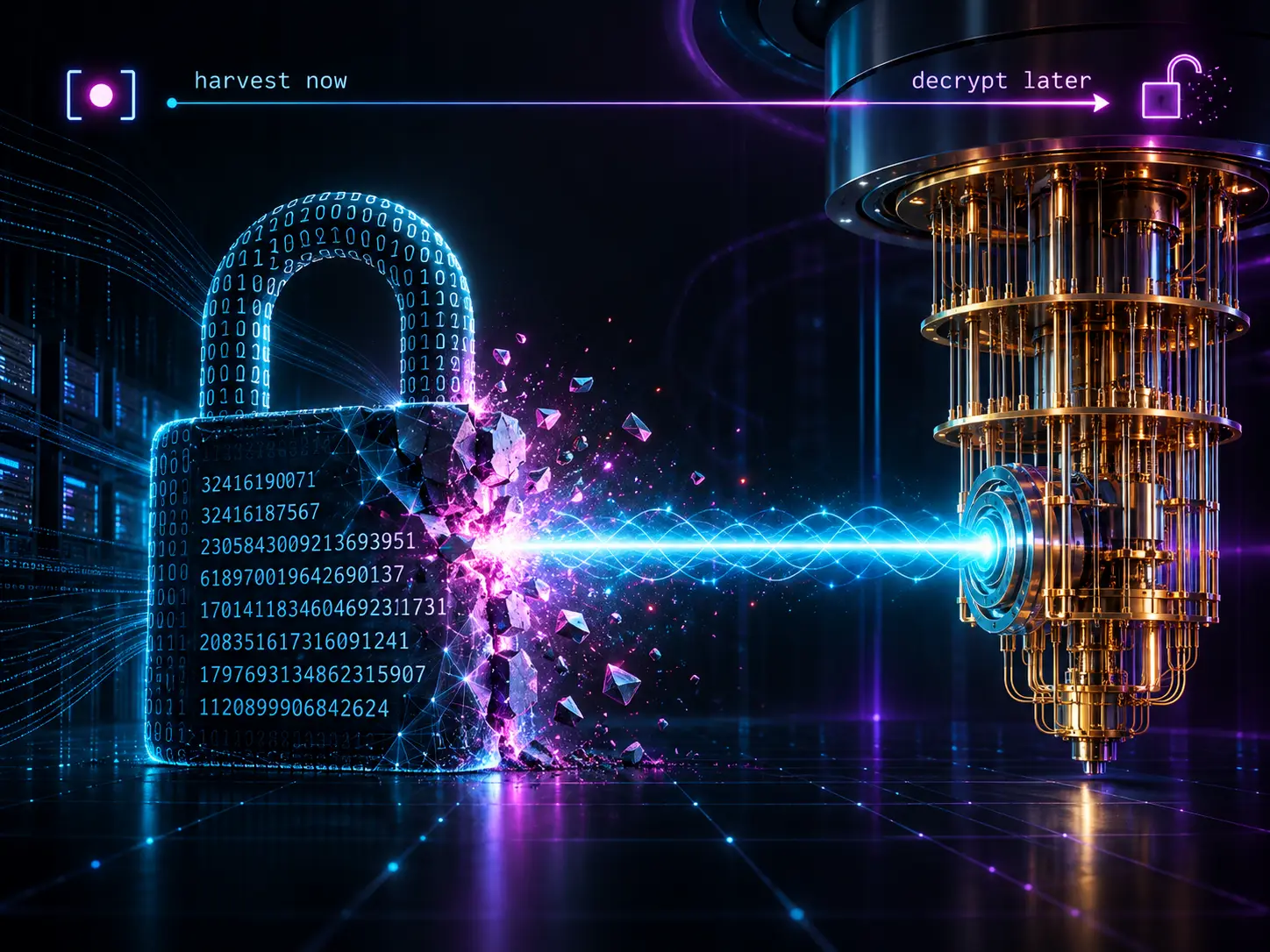 Harvest now, decrypt later: on the left a glowing padlock built from binary digits and huge prime numbers labelled RSA, on the right a golden quantum-computer core firing a single cyan beam straight through the lock, the metal shattering into shards where it hits. A mono horizon reads 'harvest now' on the left and 'decrypt later' on the right — the data captured today is broken open tomorrow.