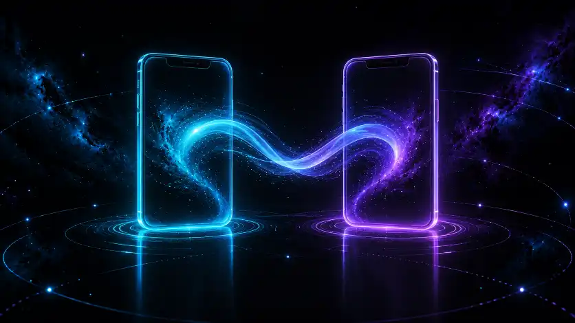Two phone silhouettes, one cyan and one violet, linked by a single ribbon of light — the two native platforms increasingly served from one shared codebase.