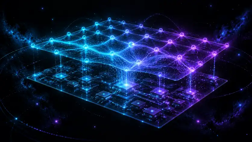 A bright neural lattice of nodes and edges sits on top of a dense grid of compiled chips — a high-level Python layer over the performance-critical C++ and CUDA kernels beneath it.
