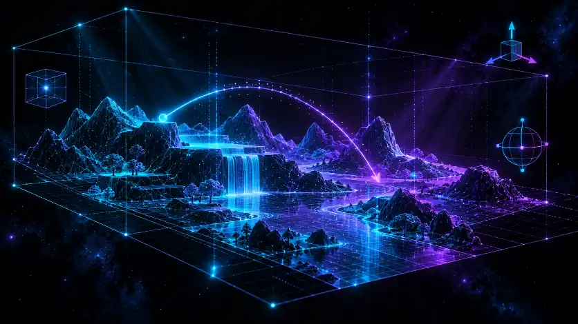A wireframe 3D scene inside an engine's bounding volume, with a physics arc tracing through it and transform gizmos at the corners — the real-time-rendering constraints that shape the game stack.