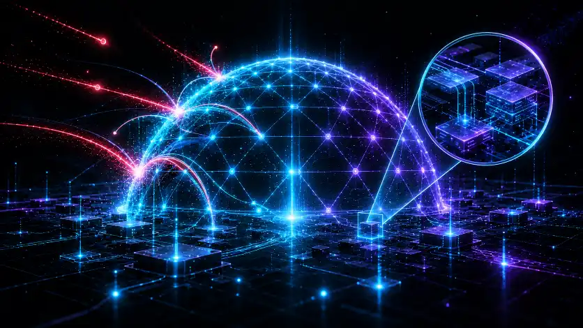A luminous protective lattice deflecting probing red intrusion lines, with a magnifier zooming in on low-level code blocks — security work spanning tooling, memory internals, and reach across systems.