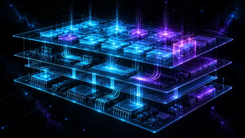 Stacked luminous strata of chips and memory cells — kernel, drivers, and firmware layers — with some cells glowing safe-cyan and a few unsafe ones being sealed, as memory-safe languages replace unsafe code.