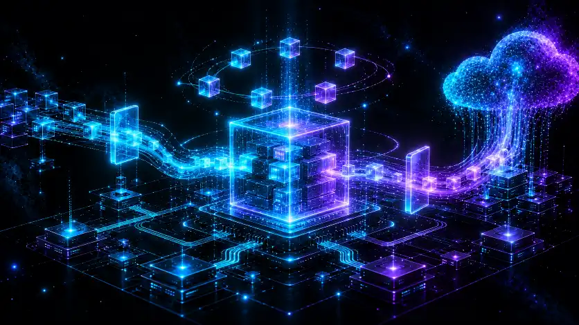A central container-cube orchestrated by orbiting cubes and a pipeline of light flowing through gates into a cloud of particles — running software at scale as its own discipline.