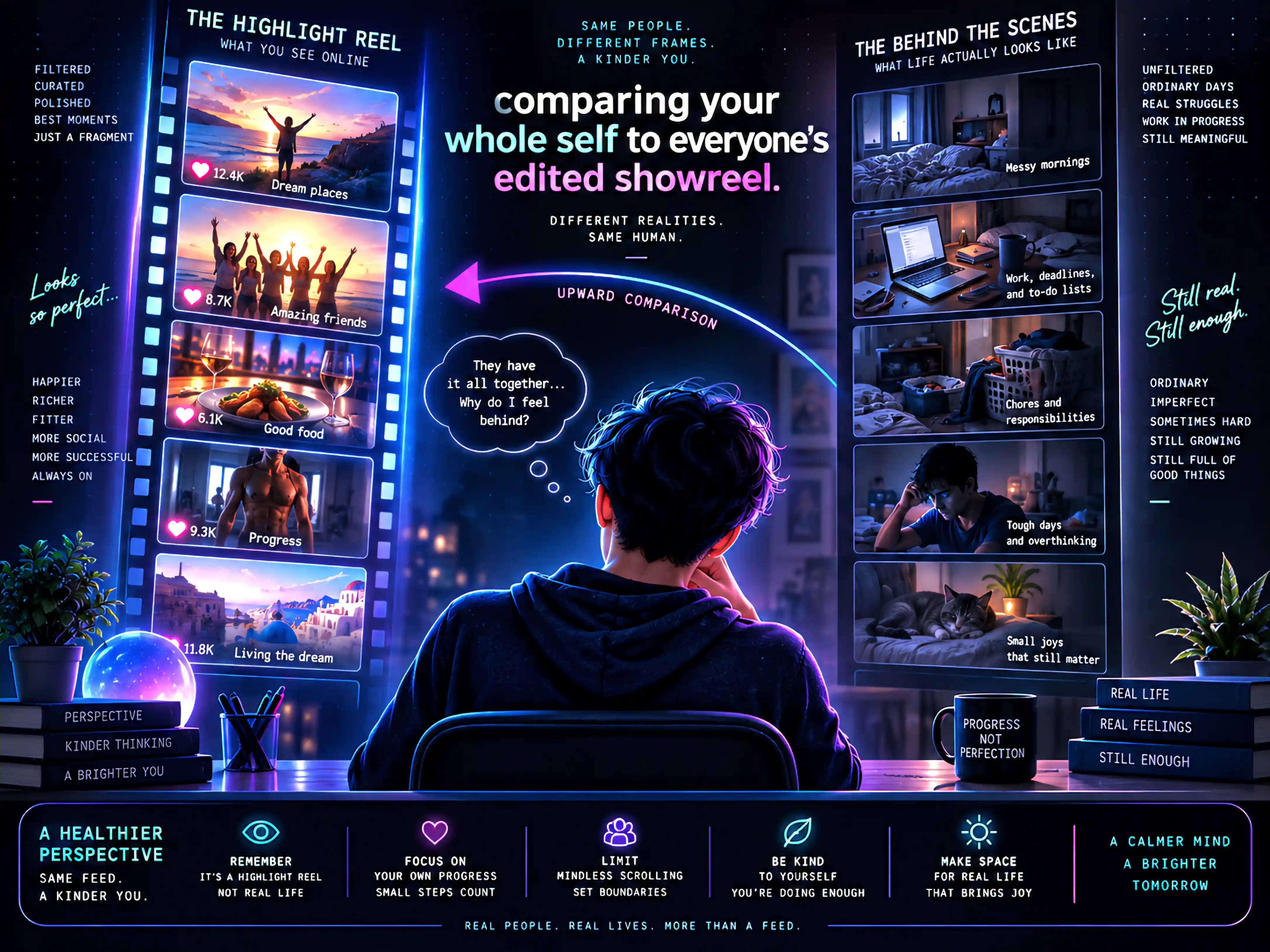 A split panel contrasts 'the highlight reel' — a filmstrip of curated, polished posts (dream places, amazing friends, good food, gym progress) with high like-counts — against 'the behind the scenes': the same kind of person's ordinary reality (messy mornings, chores, tough days, small joys). A person in the middle thinks 'they have it all together… why do I feel behind?', with an arrow labelled 'upward comparison' running from their real life toward the showreel.