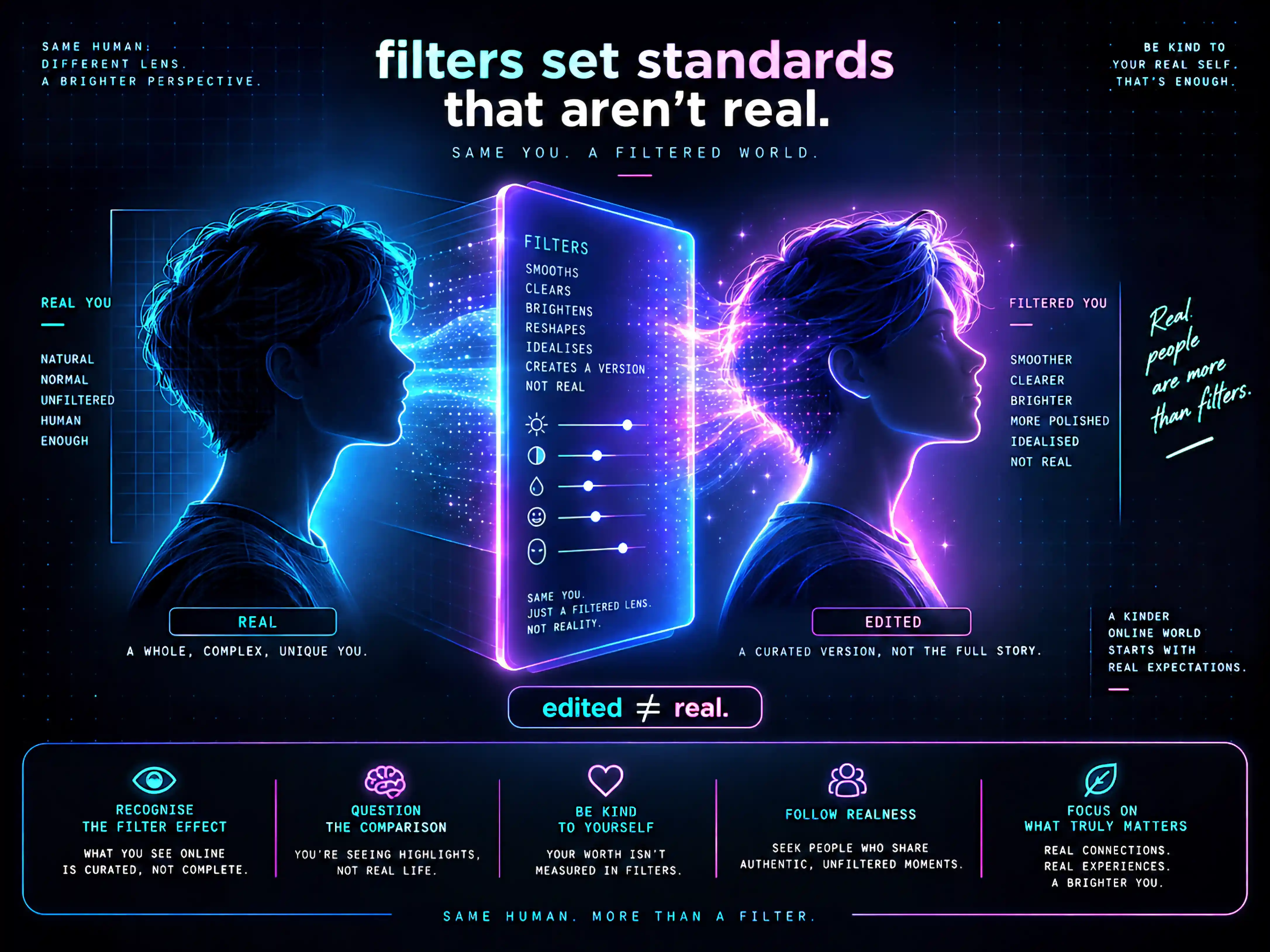 Two profile silhouettes of the same person face a glowing phone in the centre: on the left the 'real you' (natural, unfiltered, human), on the right the 'filtered you' after passing through the phone's filter sliders (smoother, brighter, more polished, idealised). A caption reads 'edited ≠ real' and 'filters set standards that aren't real', with a reminder to be kind to your real self.