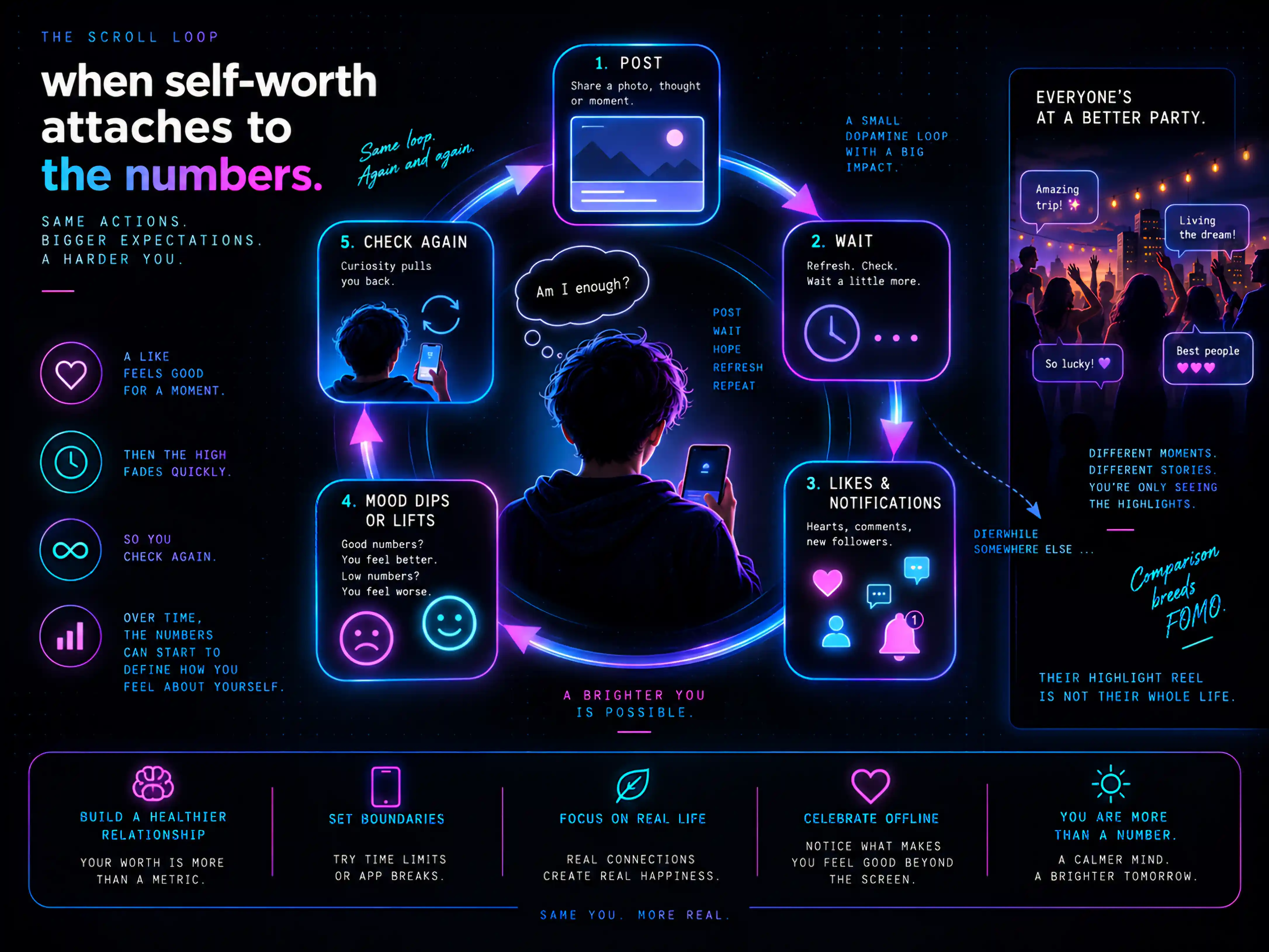 A circular 'scroll loop' diagram around a person on their phone thinking 'am I enough?': 1. post → 2. wait (refresh, check) → 3. likes and notifications → 4. mood dips or lifts (good numbers feel better, low numbers feel worse) → 5. check again — then back to the start. A side panel shows a crowd captioned 'everyone's at a better party', labelled 'comparison breeds FOMO — their highlight reel is not their whole life'.