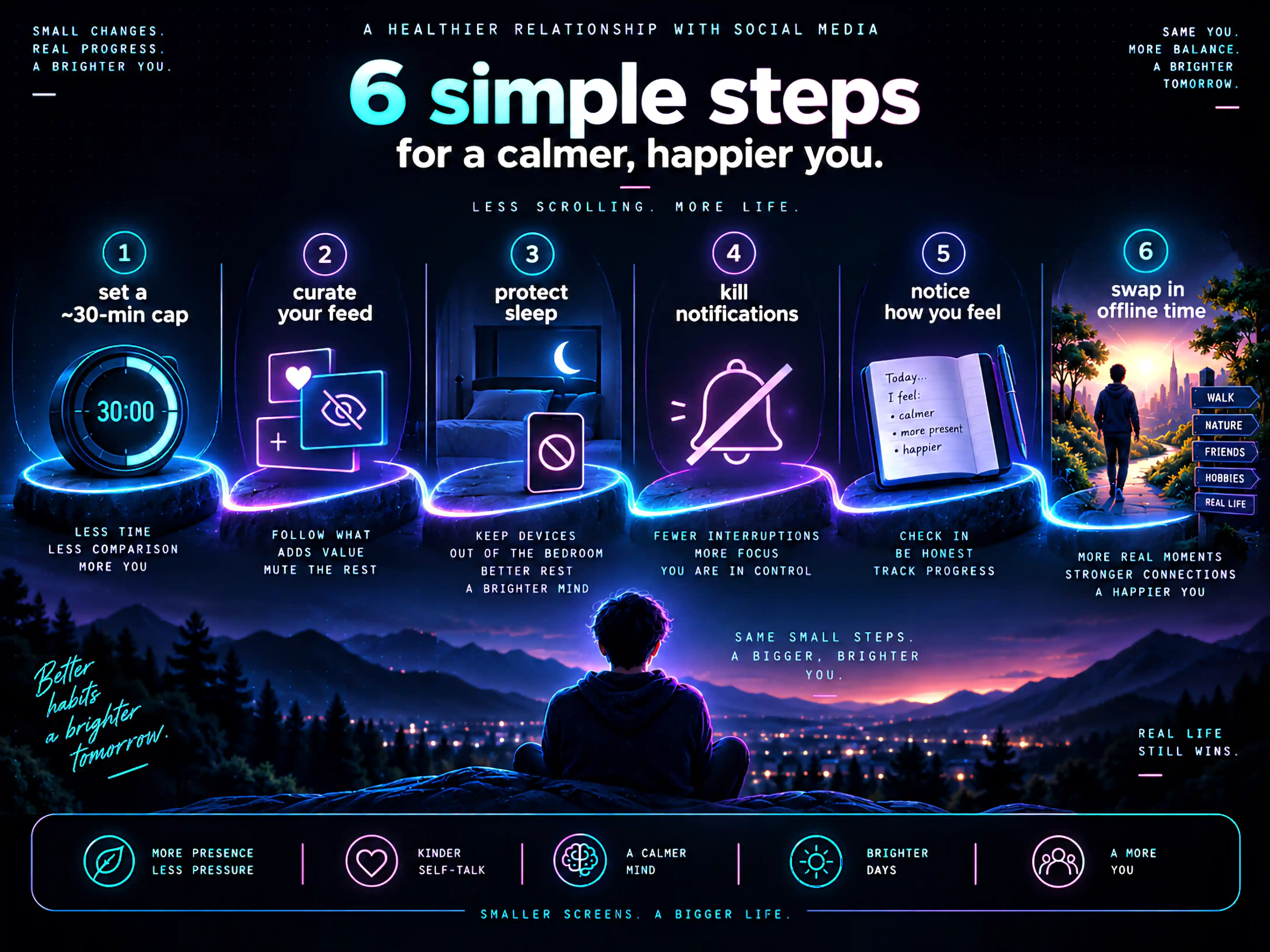 Six simple steps for a calmer, happier relationship with social media, laid out as glowing stepping-stones: 1. set a ~30-minute daily cap, 2. curate your feed (follow what adds value, mute the rest), 3. protect sleep (keep devices out of the bedroom), 4. turn off non-essential notifications, 5. notice how you feel (check in, track progress), and 6. swap in offline time (walks, nature, friends, hobbies). A person sits looking out over a calm sunrise valley below.