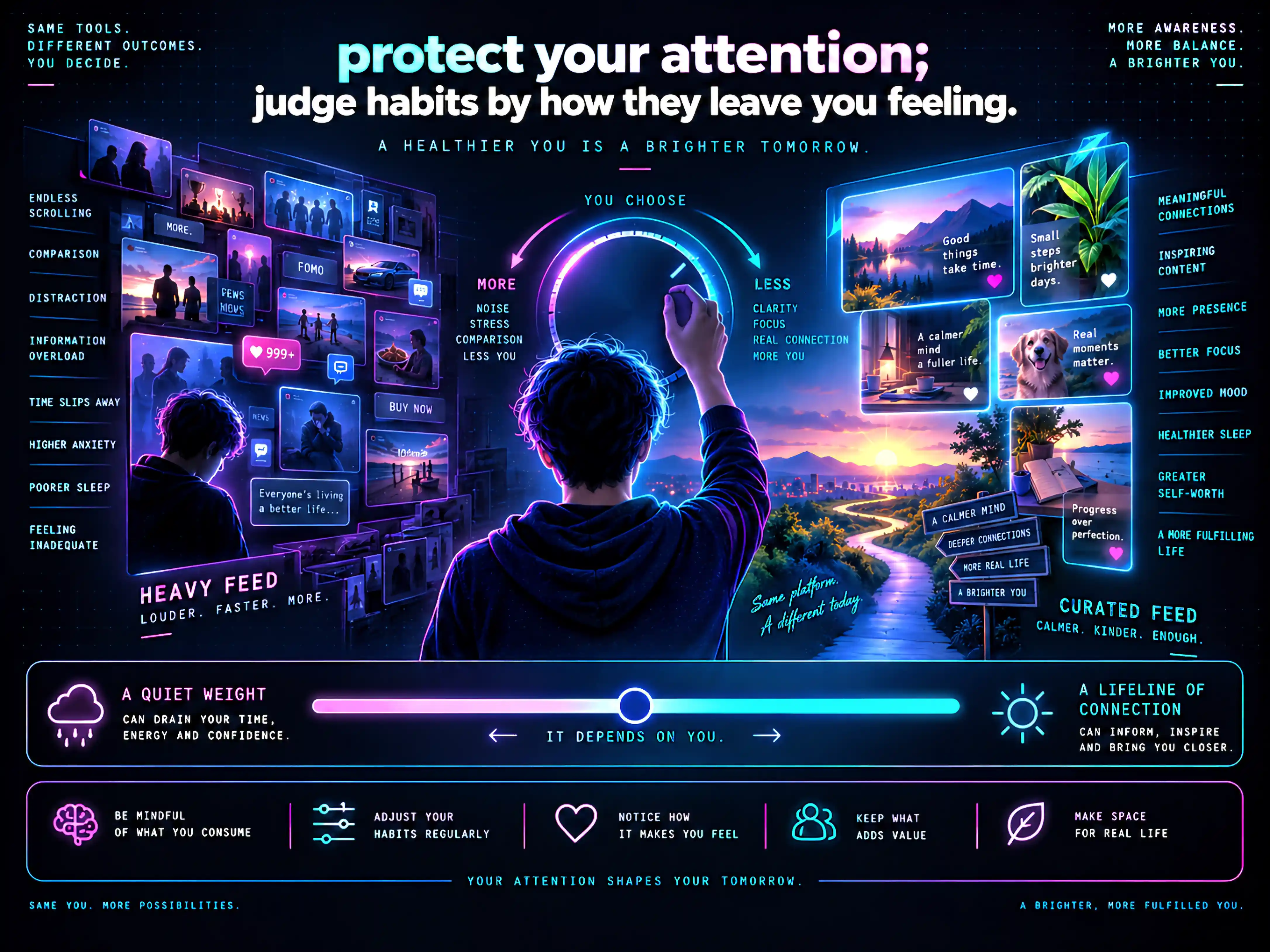 A person turns a glowing dial from a heavy, cluttered feed on the left (endless scrolling, comparison, information overload, higher anxiety, poorer sleep) toward a lighter, curated feed on the right (meaningful connections, inspiring content, better focus, healthier sleep, greater self-worth). A slider beneath runs between 'a quiet weight' and 'a lifeline of connection', captioned 'it depends on you' — protect your attention and judge habits by how they leave you feeling.