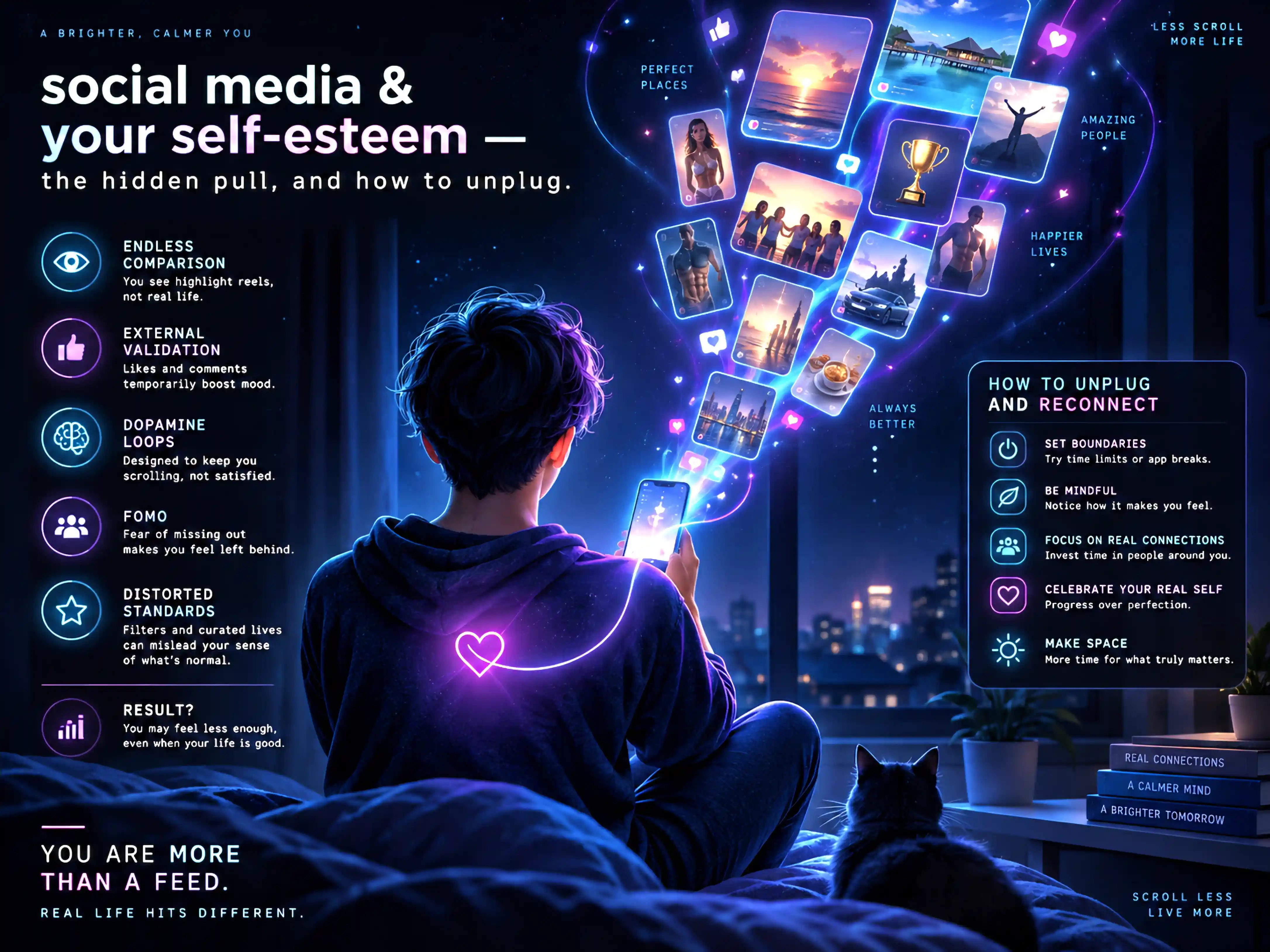 Social media and your self-esteem — the hidden pull, and how to unplug: a person sits calmly at a night window holding a glowing phone, from which a stream of idealized 'highlight-reel' tiles (perfect places, trophies, happy groups) floats upward. A soft heart glows at their chest, and a side panel lists calm ways to unplug and reconnect — set boundaries, be mindful, focus on real connections, celebrate your real self, and make space for what matters.