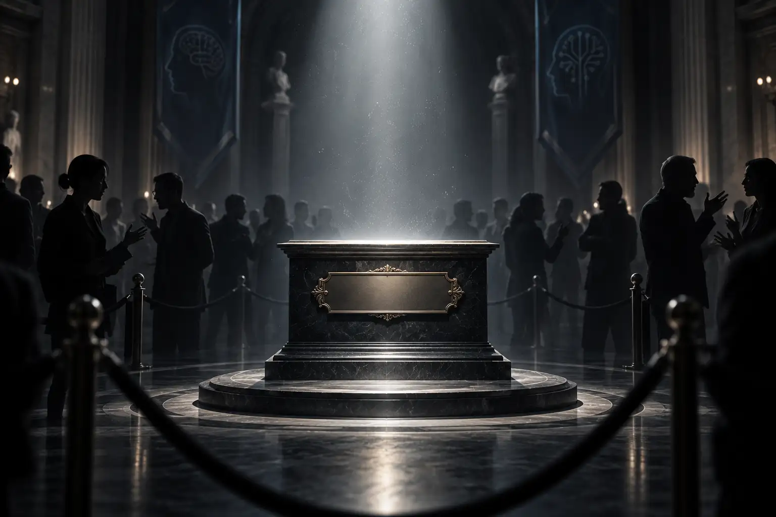 An empty museum plinth with a blank brass nameplate under a single spotlight, a crowd of shadowy figures debating around it — a famous term that no one owns or has defined.