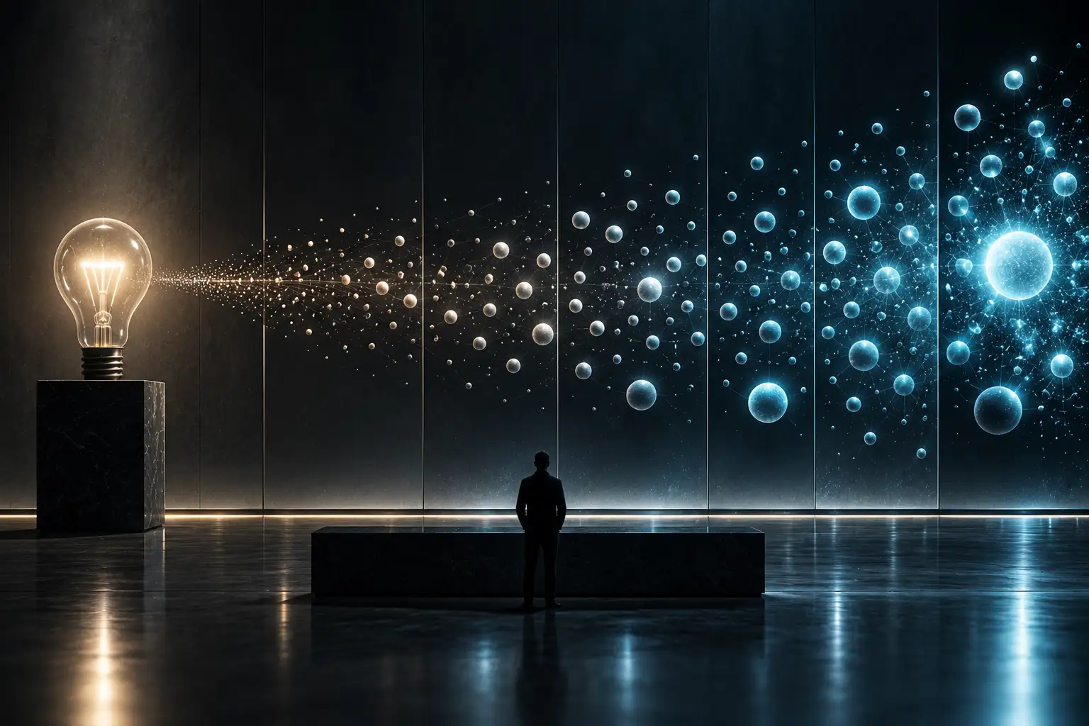 A single glowing lightbulb on the left dissolving rightward into a wide spectrum of many small luminous nodes of varying brightness, a person silhouetted before it — a shift from a yes/no question to a graded scale.