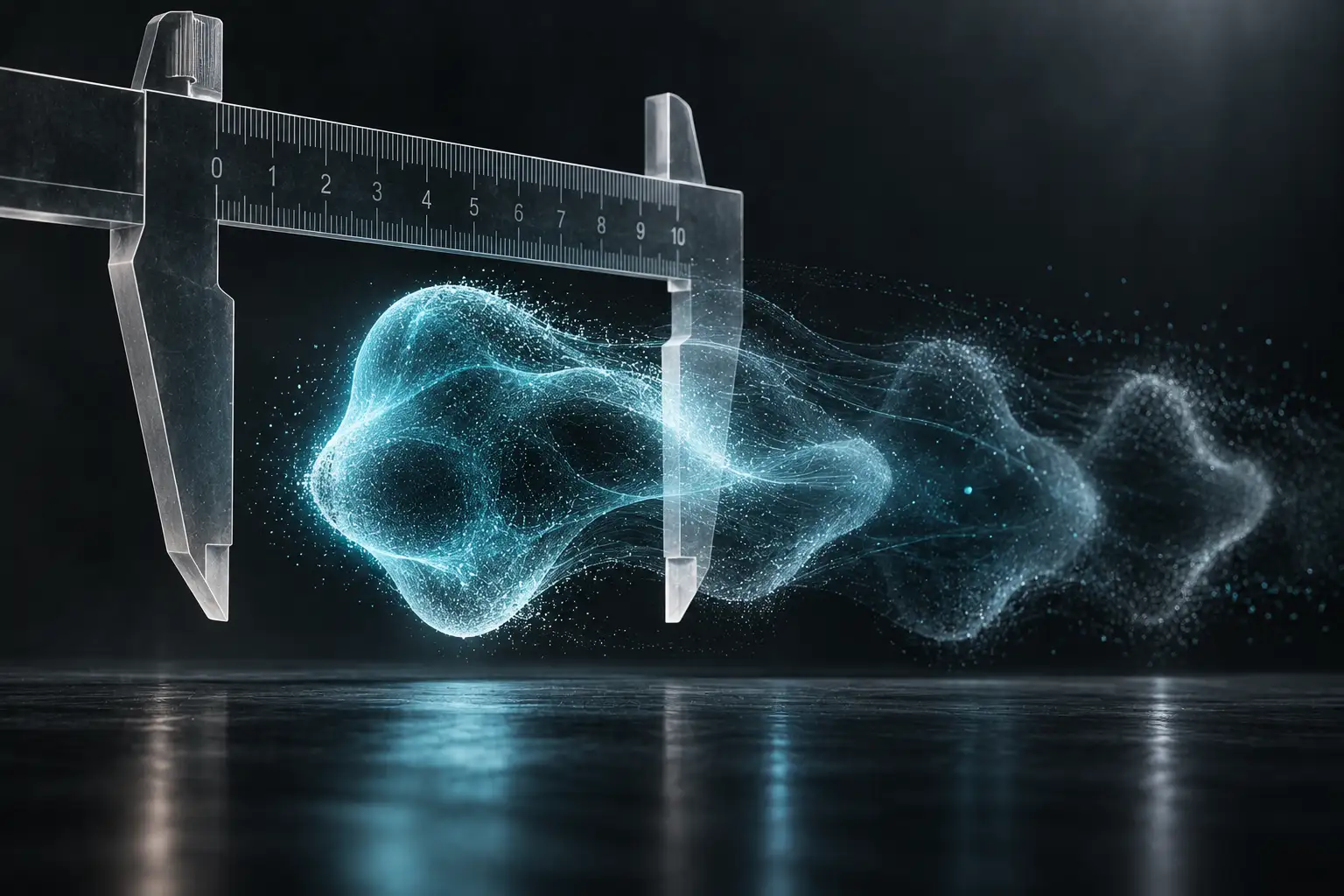 A translucent measuring caliper trying to gauge a shifting cyan cloud of particles that keeps changing shape and slipping past the marks — a benchmark chasing a moving target.