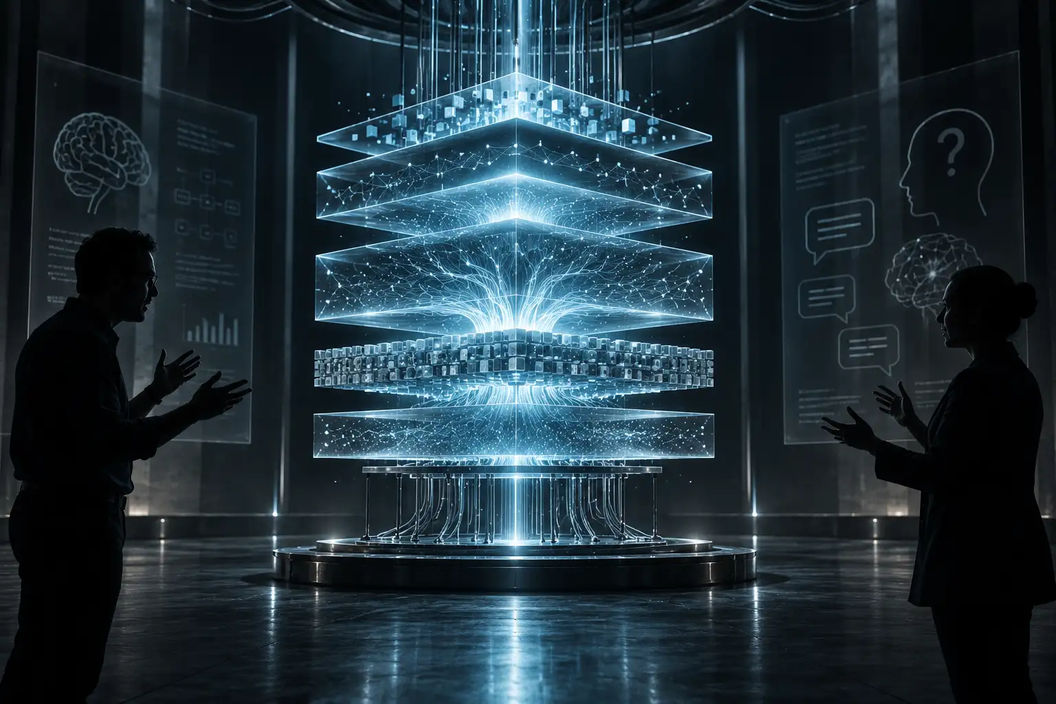 A tall stack of glowing translucent layers forming an abstract neural-network engine core, with two silhouetted figures on either side gesturing in disagreement about it.