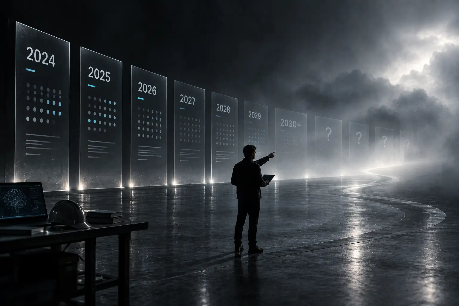A receding row of glowing calendar panels labelled 2024 through 2030-plus dissolving into fog and question marks, a lone builder pointing cautiously toward the haze.