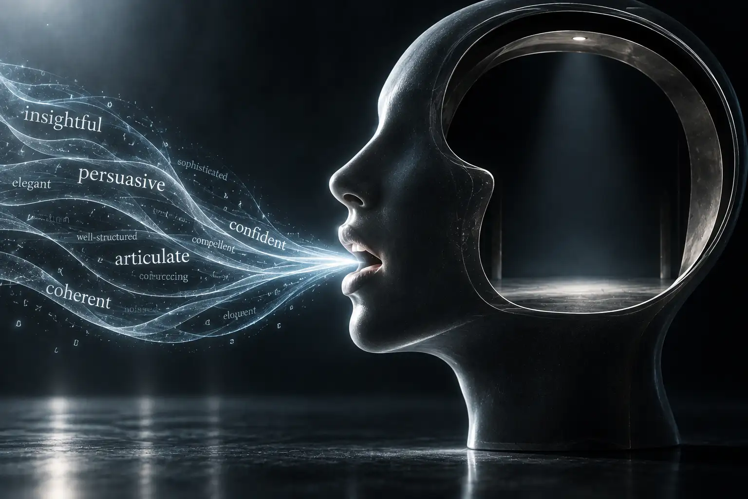 A sculpted human head in profile with articulate words streaming from its mouth in ribbons of light, but a hollow empty space where the brain should be — fluent output without comprehension.