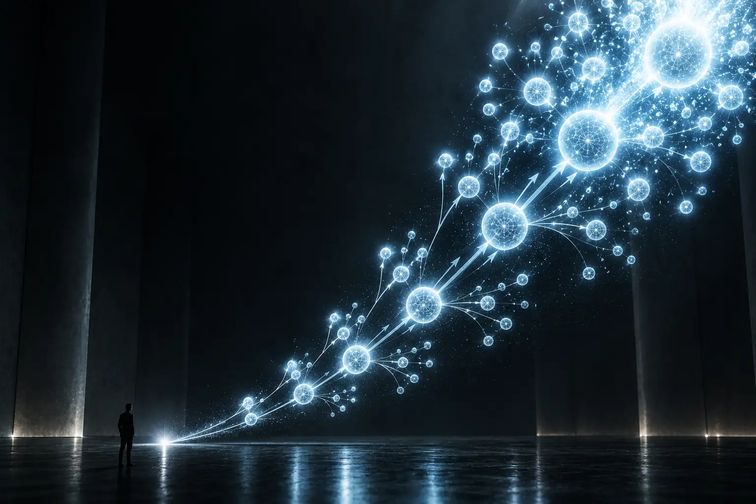 A single spark at ground level igniting an exponential cascade of ever-brighter linked spheres of light racing upward and outward, a tiny human figure below for scale — a runaway chain reaction of self-improving intelligence.