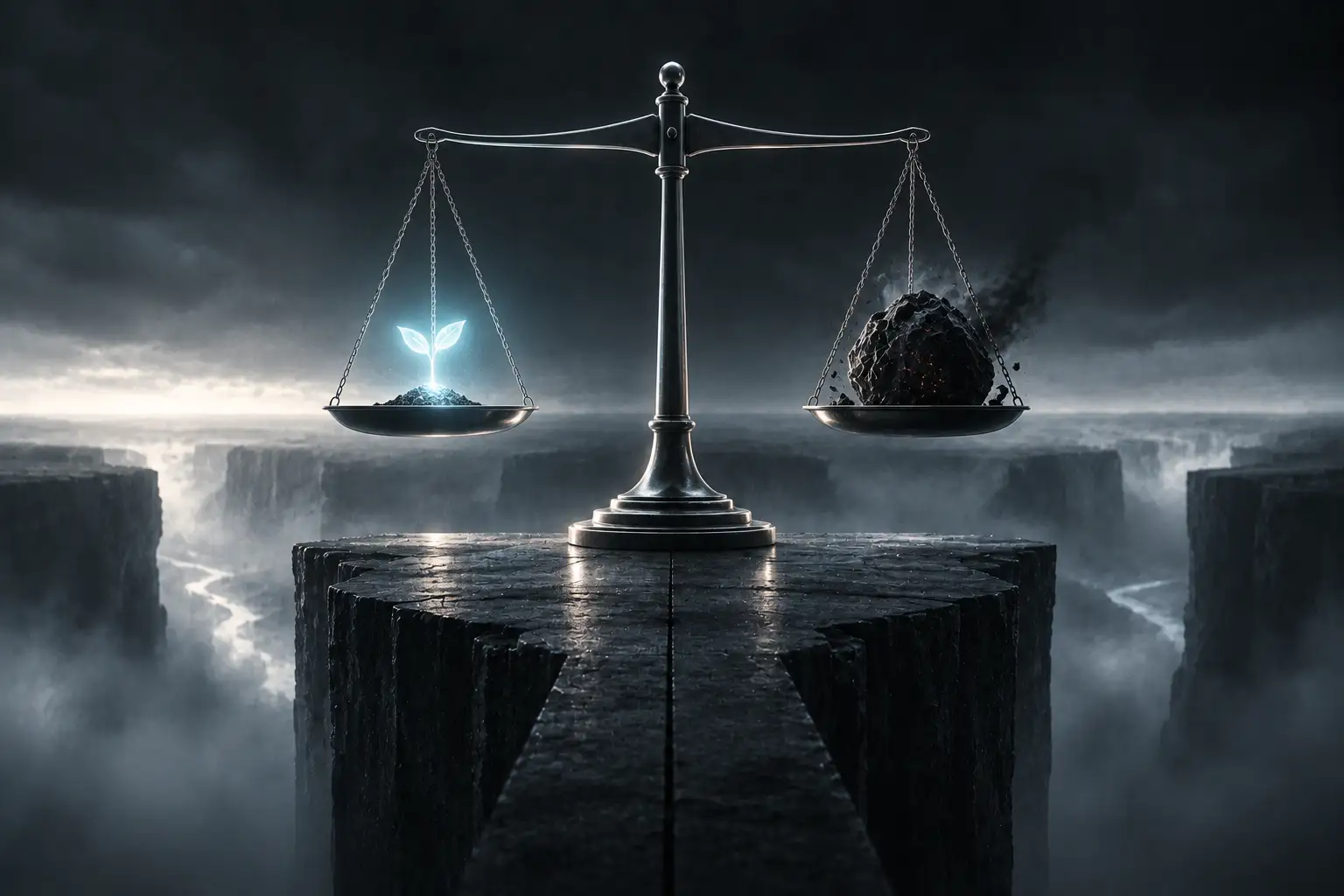 A balanced metal scale on a stone plinth above a foggy chasm, one pan holding a glowing seedling of promise, the other a dark heavy weight of risk, held in tense equilibrium.