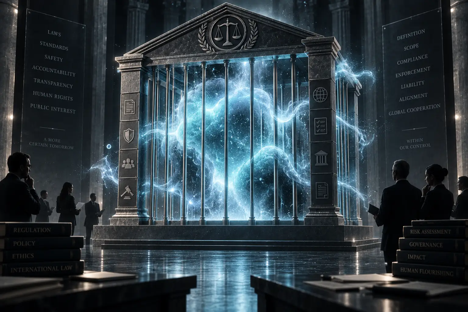 A neoclassical hall of justice with columns and a scales emblem trying to contain a glowing cyan mist that seeps between the pillars, officials debating on either side amid labels like standards, accountability and enforcement.
