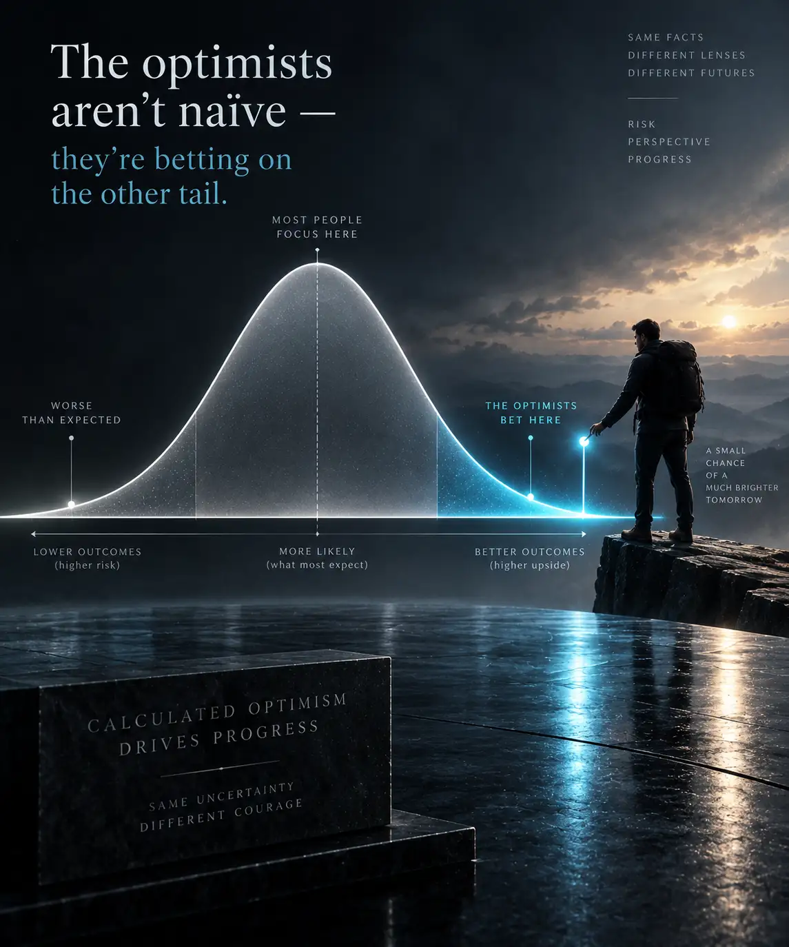 An infographic of a bell curve titled 'The optimists aren't naïve — they're betting on the other tail', with most probability mass in the middle and a bright highlighted far-right tail where a hiker on a cliff reaches toward a small glowing point marking a much brighter outcome.