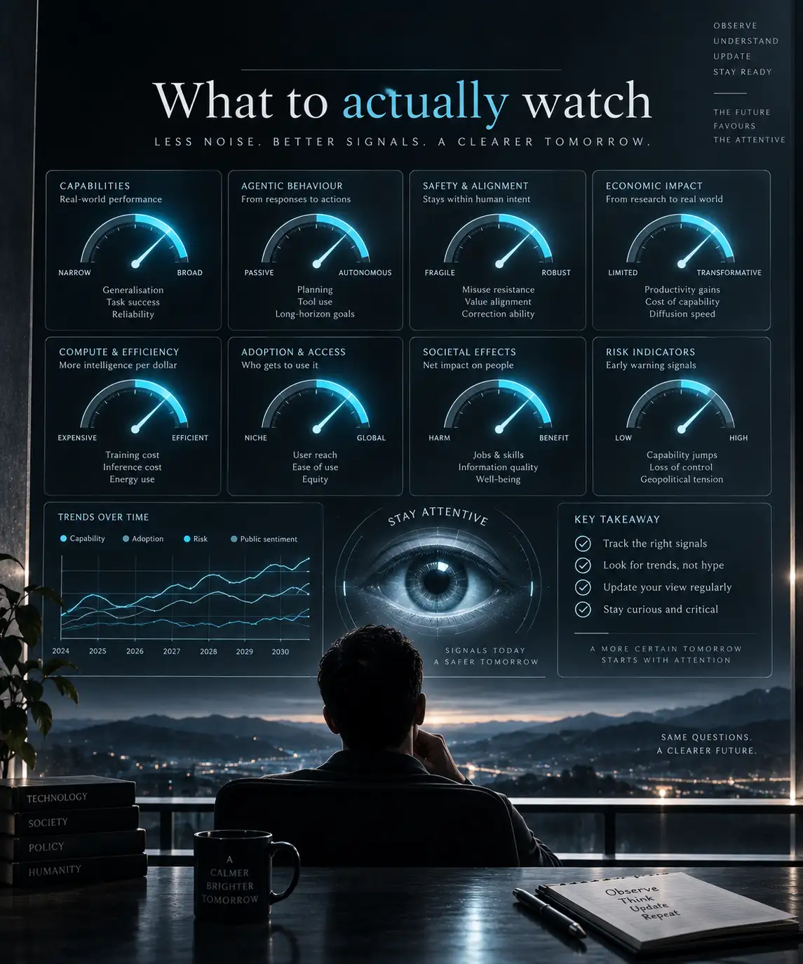 A dark analytical dashboard titled 'What to actually watch', with labelled gauges for capabilities, agentic behaviour, safety and alignment, economic impact, compute, adoption, societal effects and risk indicators, a trends-over-time chart, and a watchful eye motif, viewed by a person at a desk.