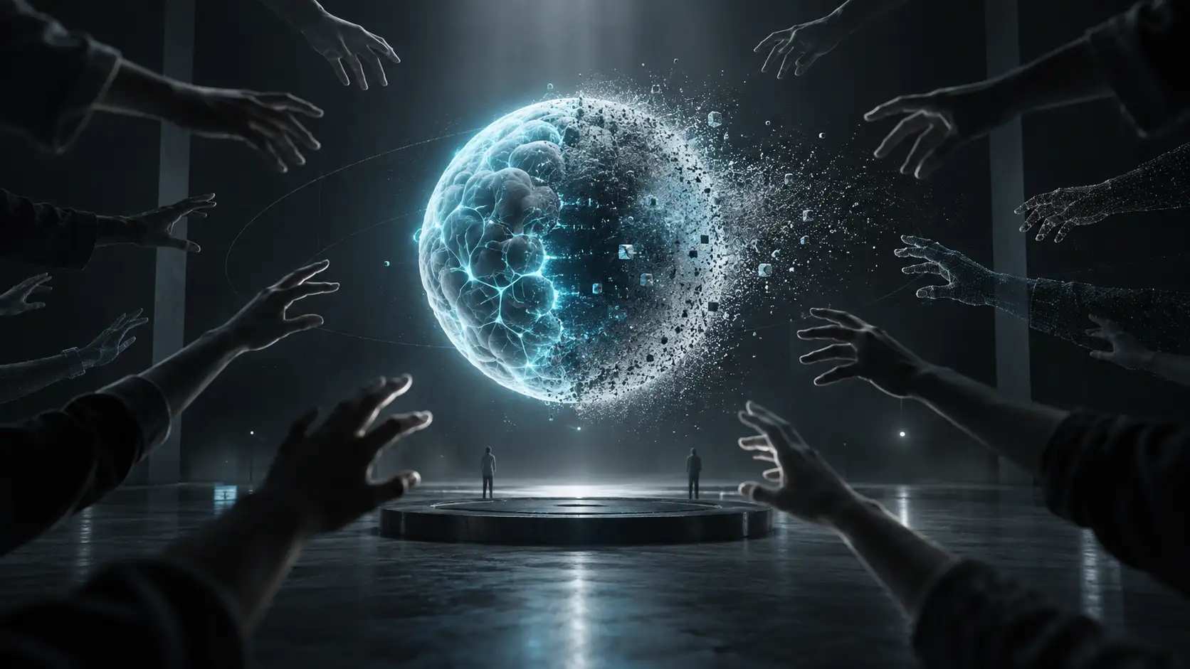 A luminous half-formed sphere of intelligence — part glowing brain, part dissolving into particles — suspended in a dark hall as many hands reach toward it, evoking a concept everyone defines differently.