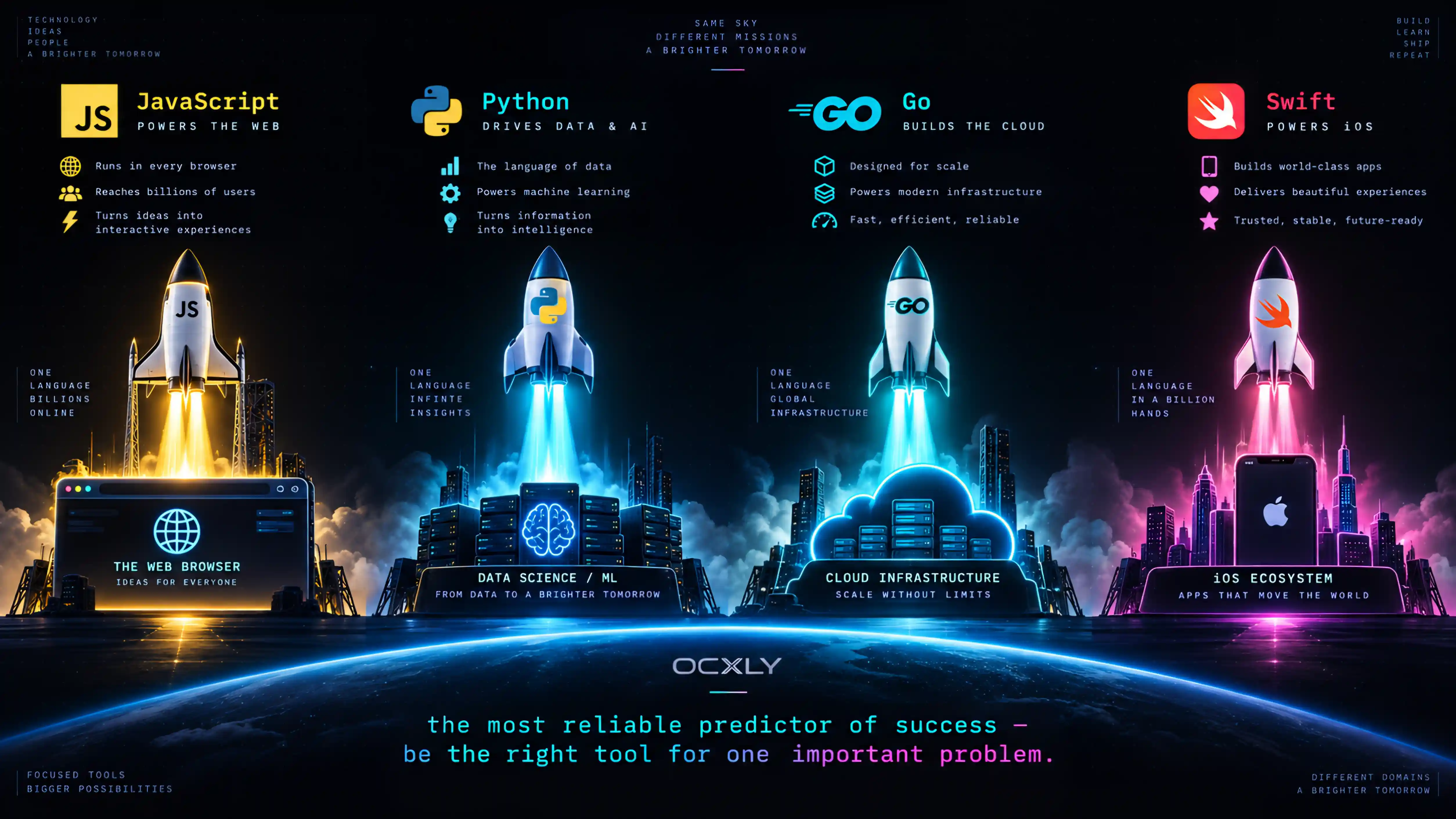 The most reliable predictor of success — be the right tool for one important problem. Four languages each launch on the back of one killer application: JavaScript powers the web browser, Python drives data science and AI, Go builds cloud infrastructure, and Swift powers the iOS ecosystem.