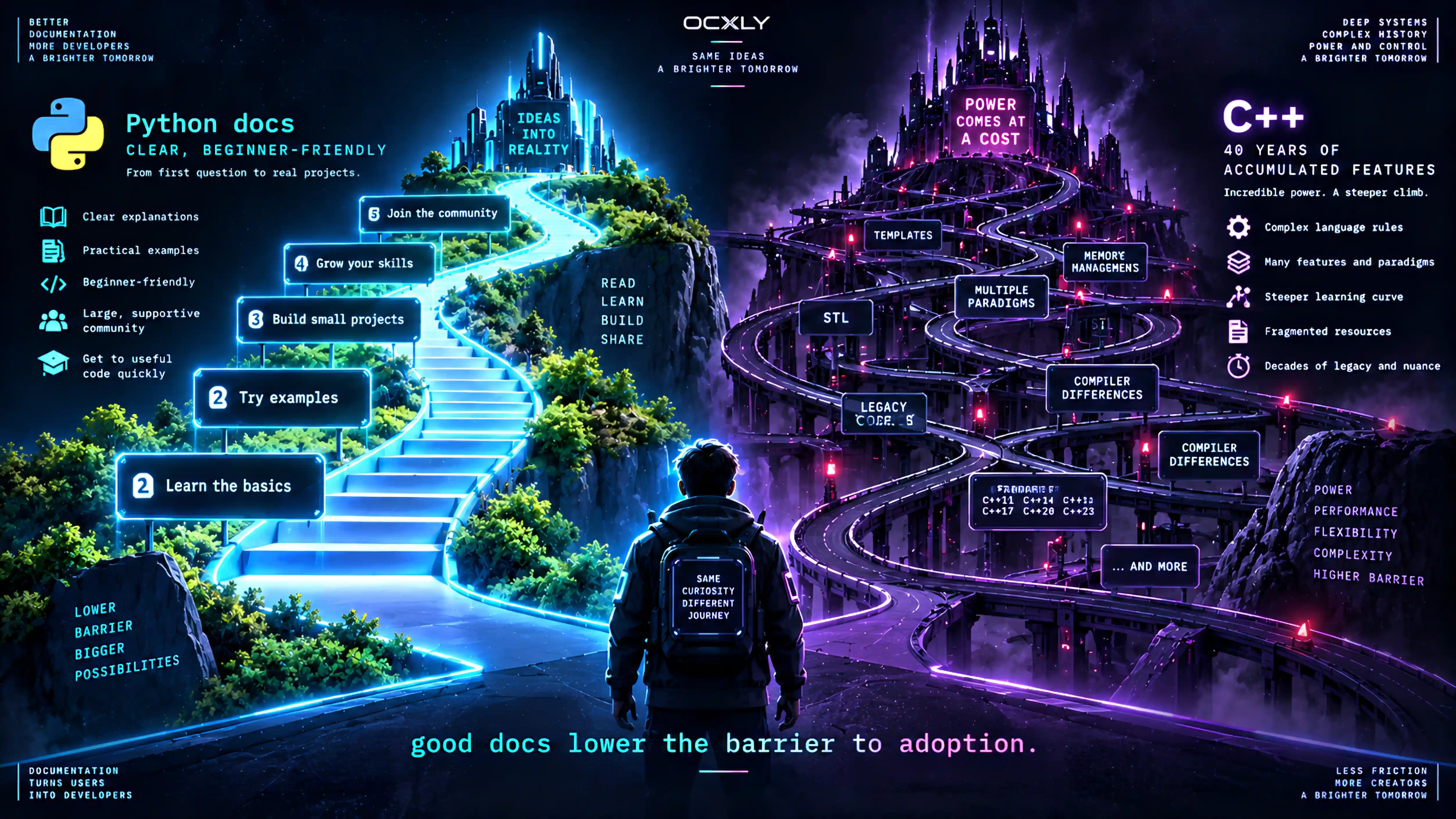 Good docs lower the barrier to adoption. A split scene: on the left, Python's clear, beginner-friendly documentation as a bright, well-lit staircase (learn the basics, try examples, build small projects, grow your skills, join the community); on the right, C++ as a dense, tangled tangle of elevated roads labelled with 40 years of accumulated features (templates, STL, memory management, multiple paradigms, C++11/14/17/20/23).